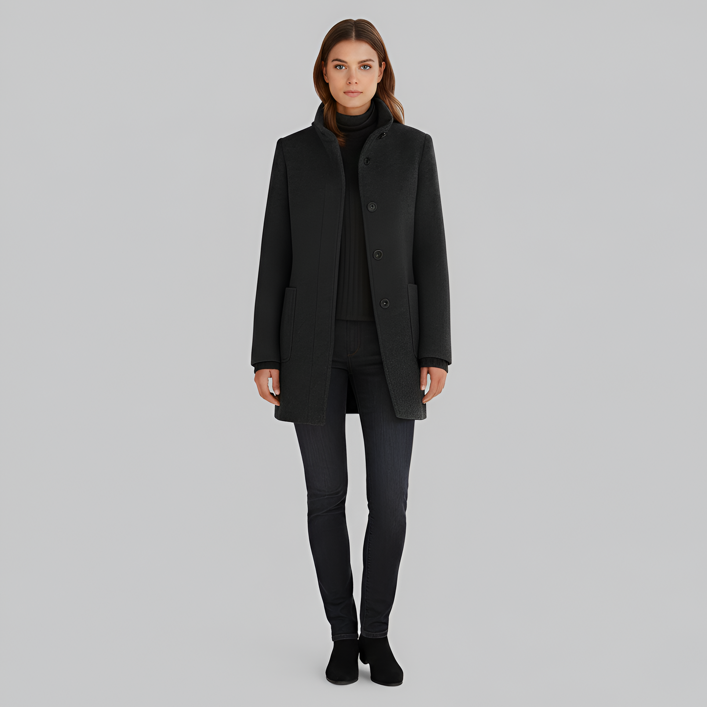 Elegant button-front coat with high collar for women | Valerios