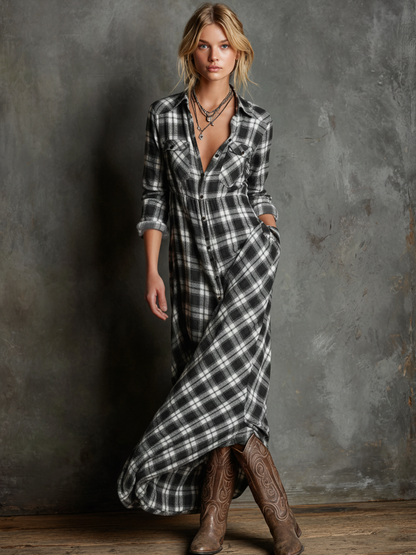 Plaid shirt maxi dress for women | Liora -5