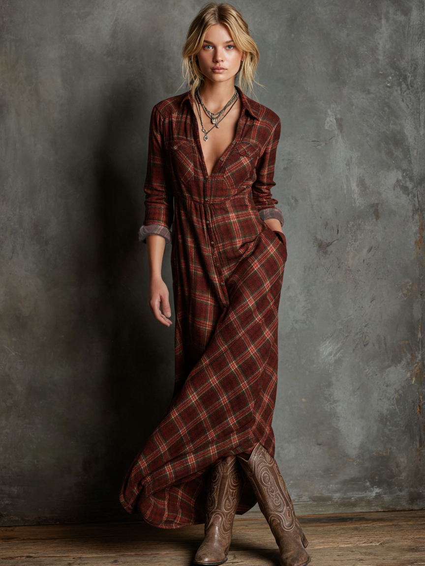 Plaid shirt maxi dress for women | Liora -3