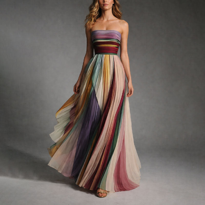 Elegant pleated strapless maxi dress for women | Valoria -3