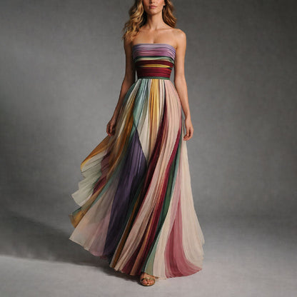 Elegant pleated strapless maxi dress for women | Valoria -3