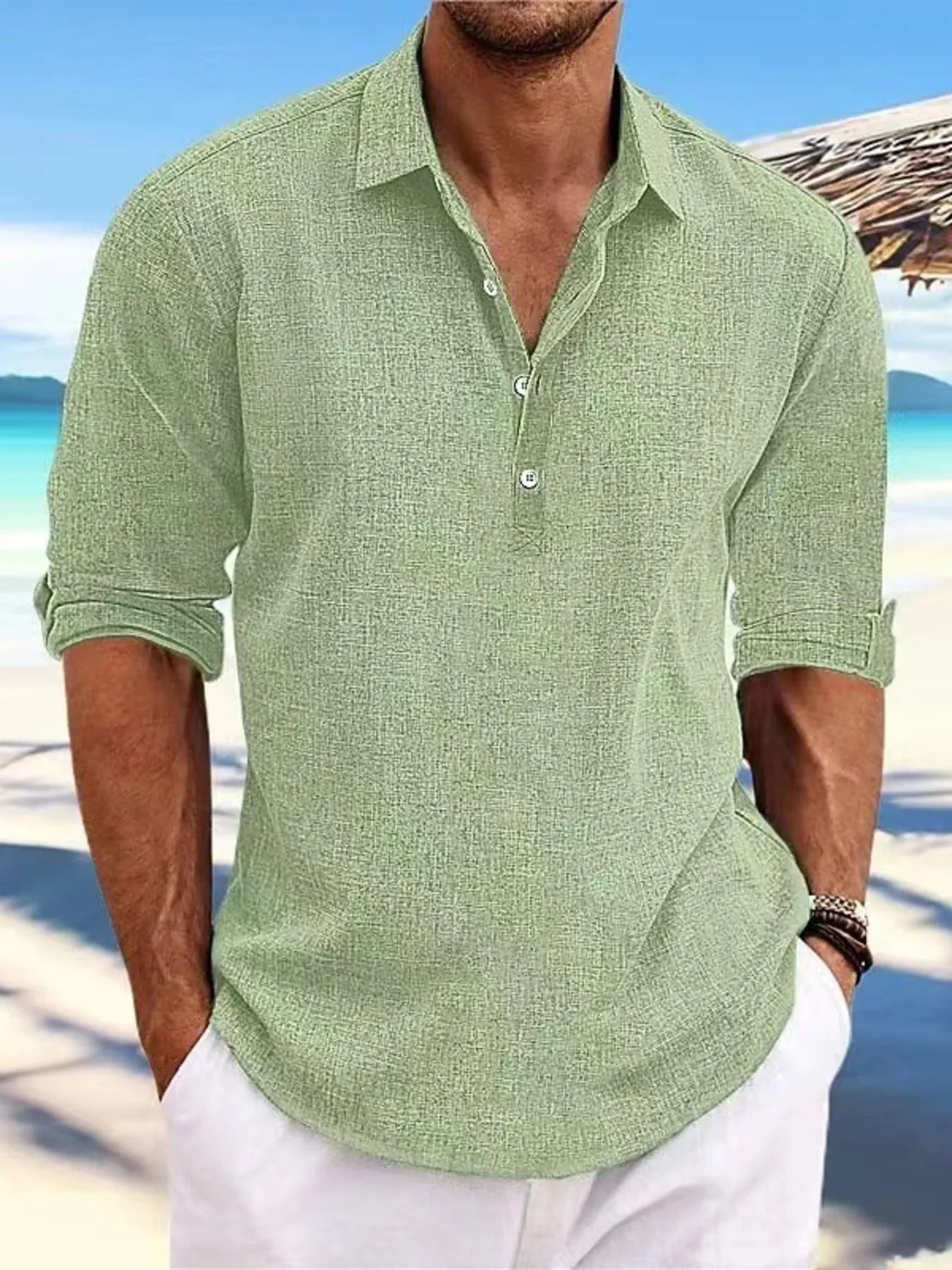 Linen short sleeve polo lightweight shirt for men -2