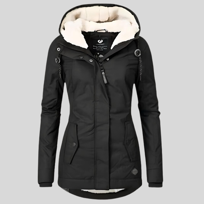 Waterproof hooded jacket with long silhouette for women | Madelyn