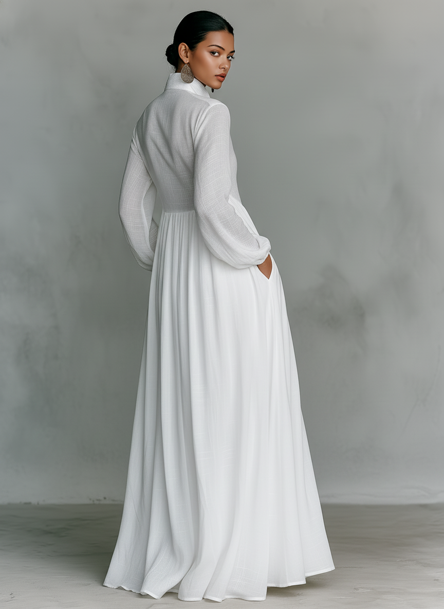 Minimalist stand-collar patchwork maxi dress for women | Aveline -7