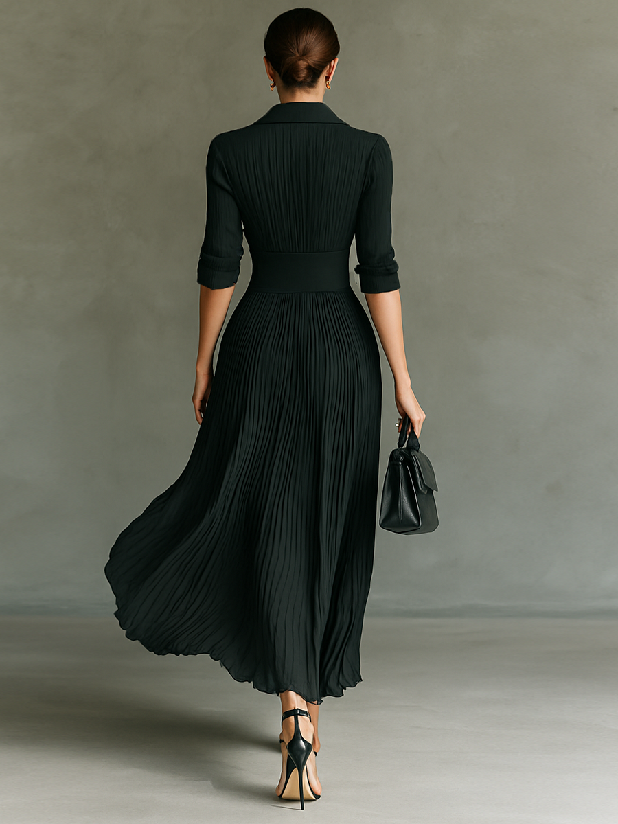 Pleated lapel waist maxi dress for women | Elowen -2
