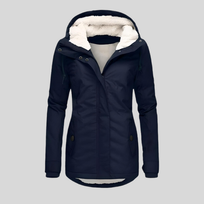 Waterproof hooded jacket with long silhouette for women | Madelyn