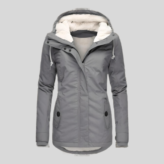 Waterproof hooded jacket with long silhouette for women | Madelyn