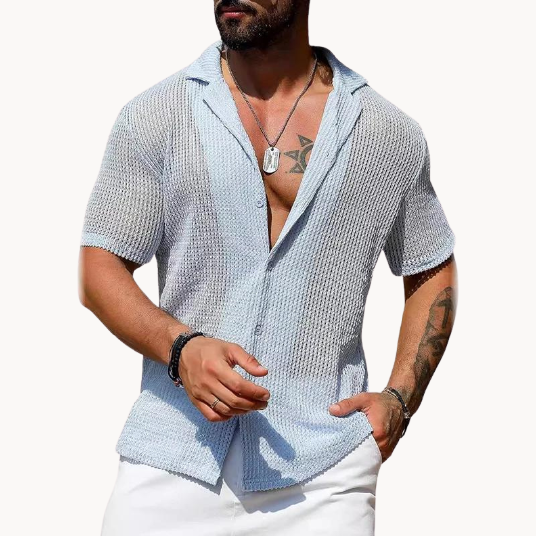 Classic hollow-knit short-sleeve casual shirt for men -2