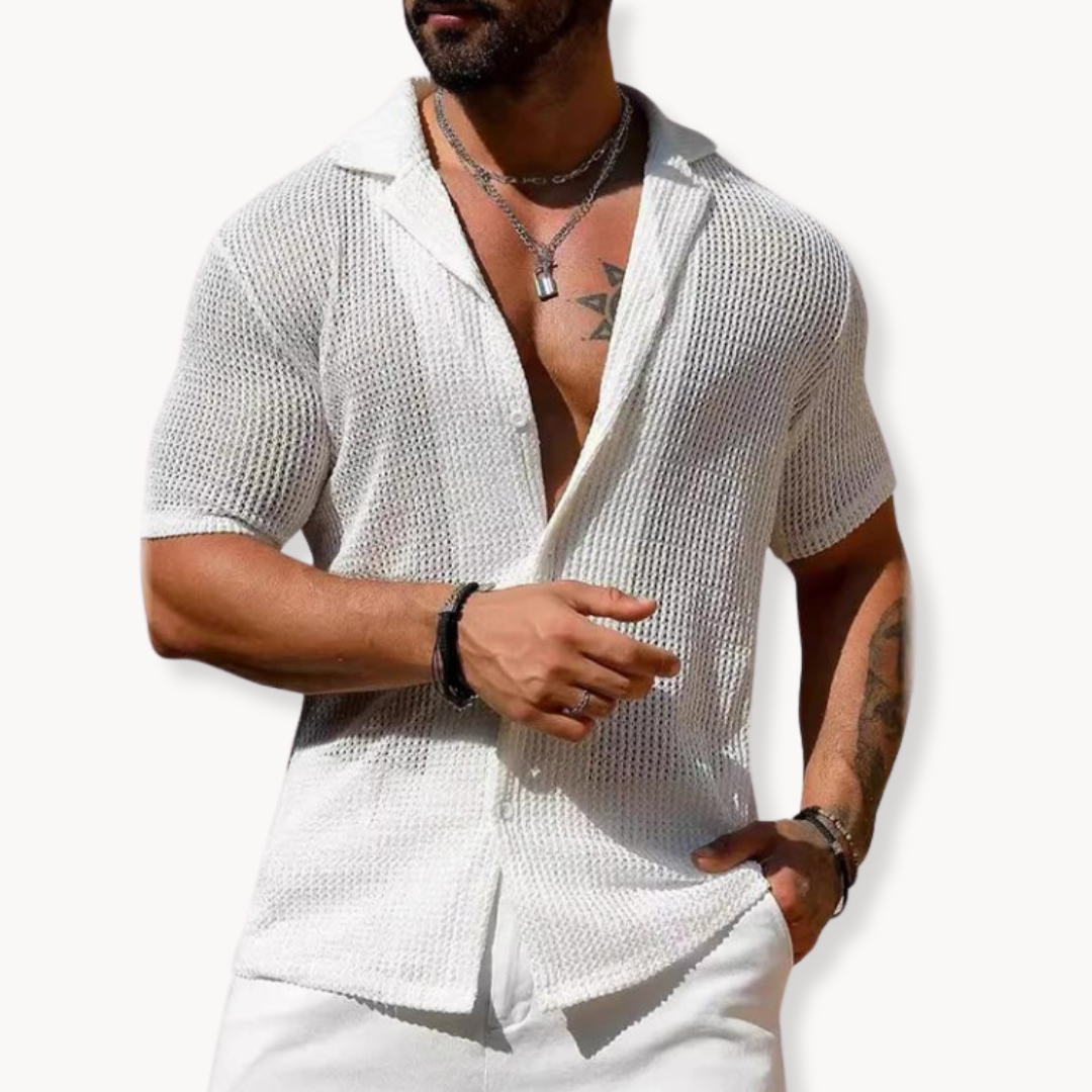 Classic hollow-knit short-sleeve casual shirt for men -3