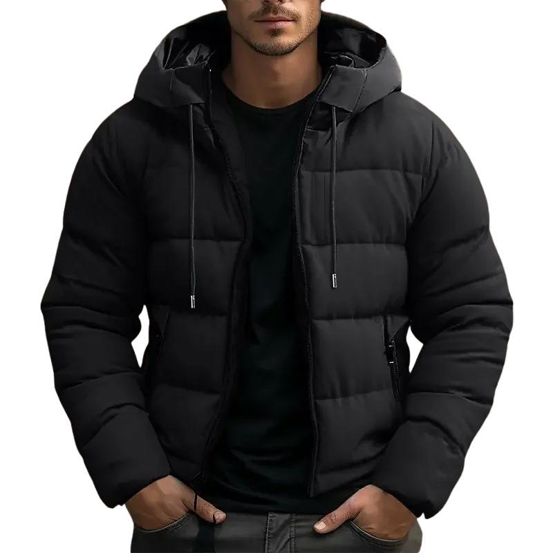 Hooded puffer jacket with zipper pockets for men -3