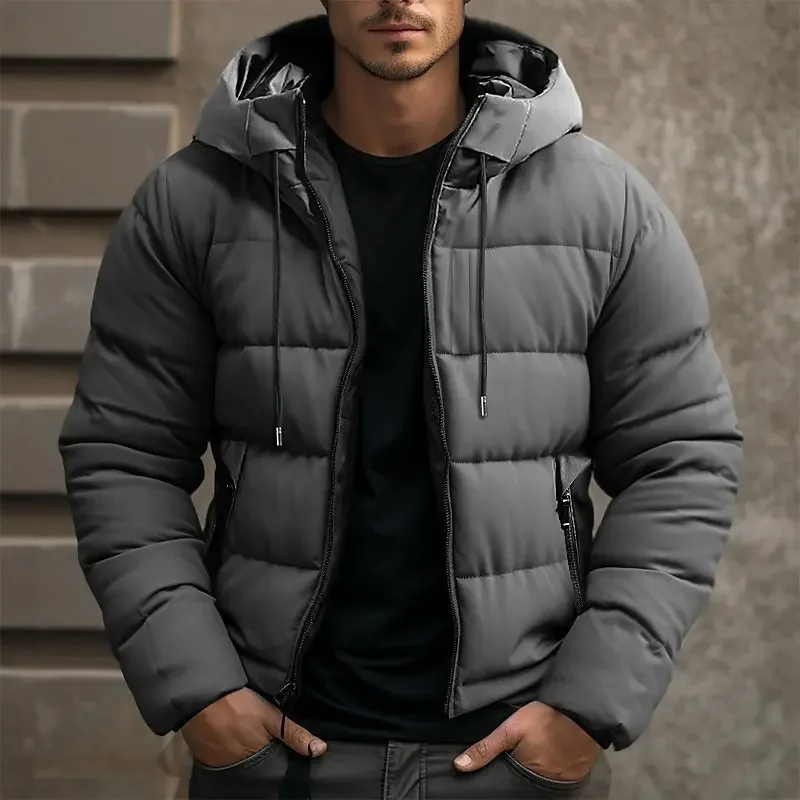 Hooded puffer jacket with zipper pockets for men -4