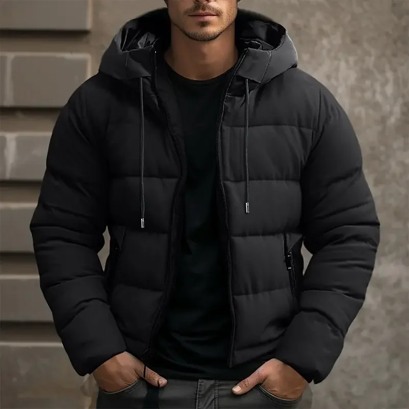 Hooded puffer jacket with zipper pockets for men -5