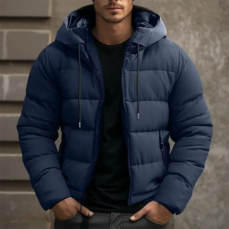 Hooded puffer jacket with zipper pockets for men -6