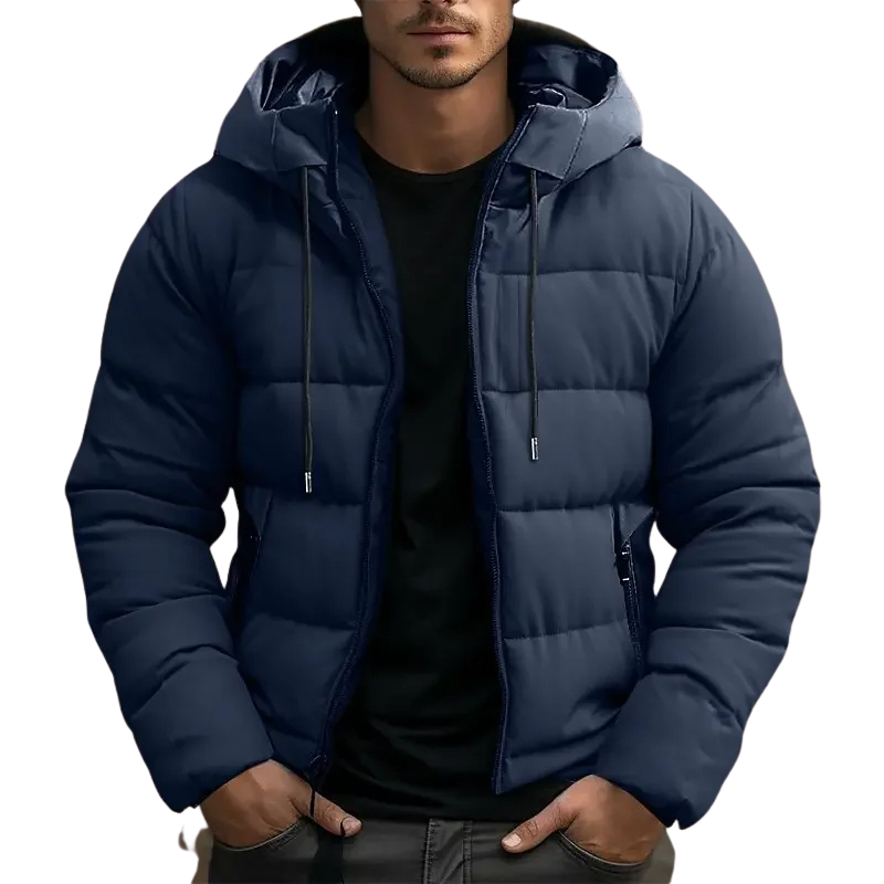 Hooded puffer jacket with zipper pockets for men | Grayson -1
