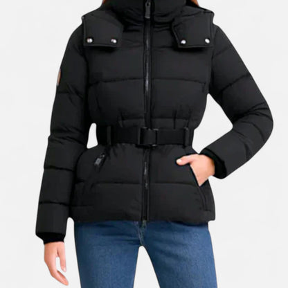 Belted water-resistant elegant puffer jacket for women -3