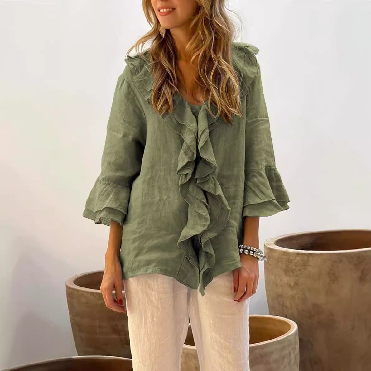 Ruffled cotton linen blouse for women -4