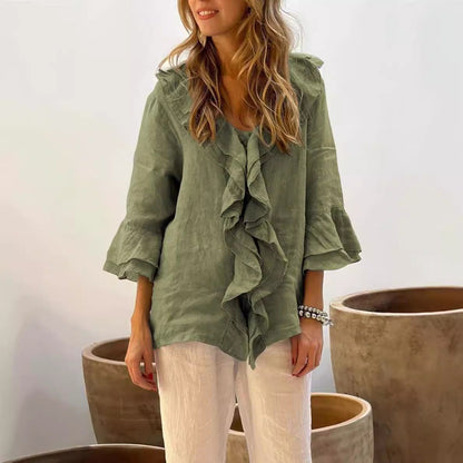 Ruffled cotton linen blouse for women -4