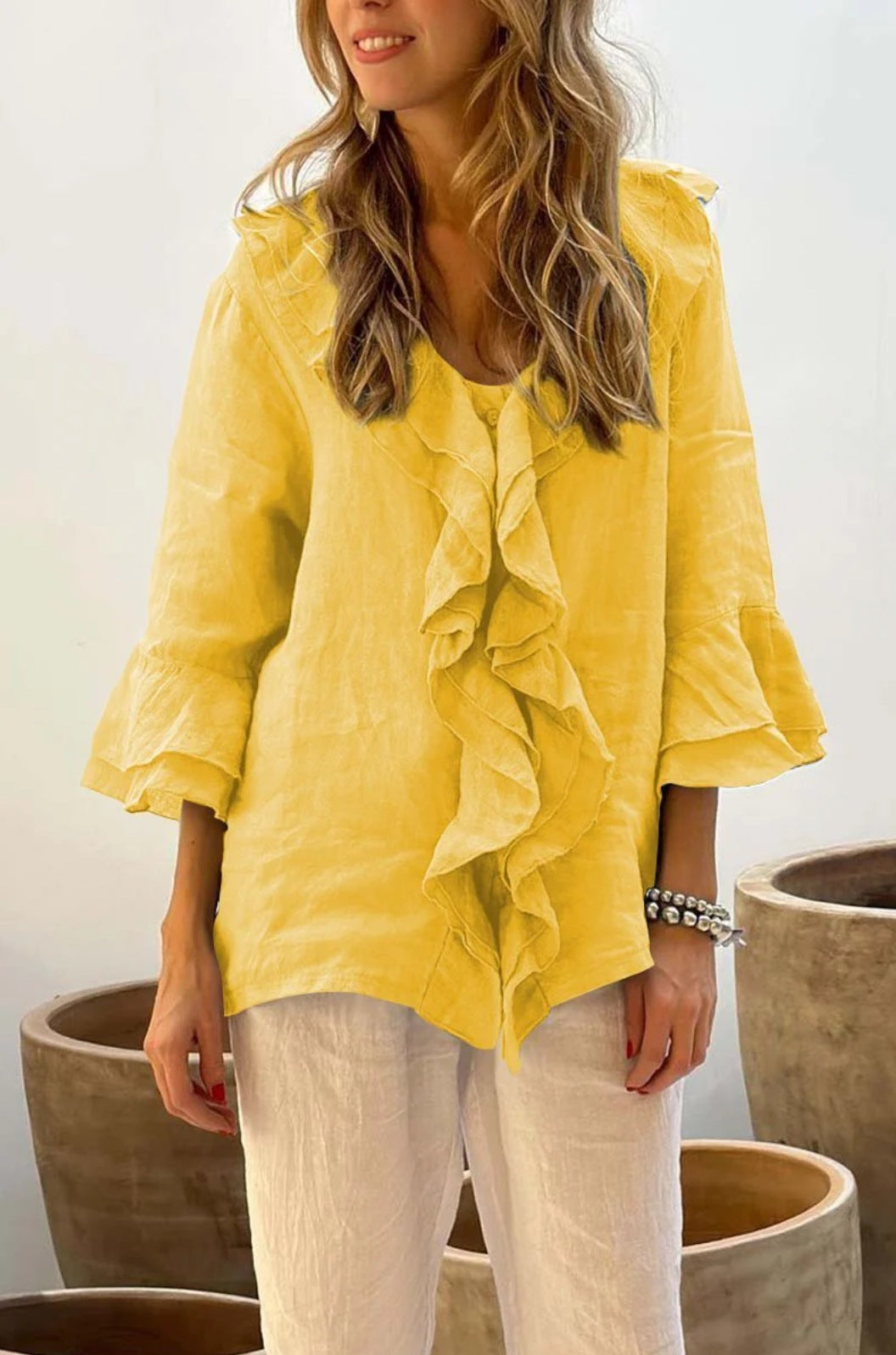 Ruffled cotton linen blouse for women -6