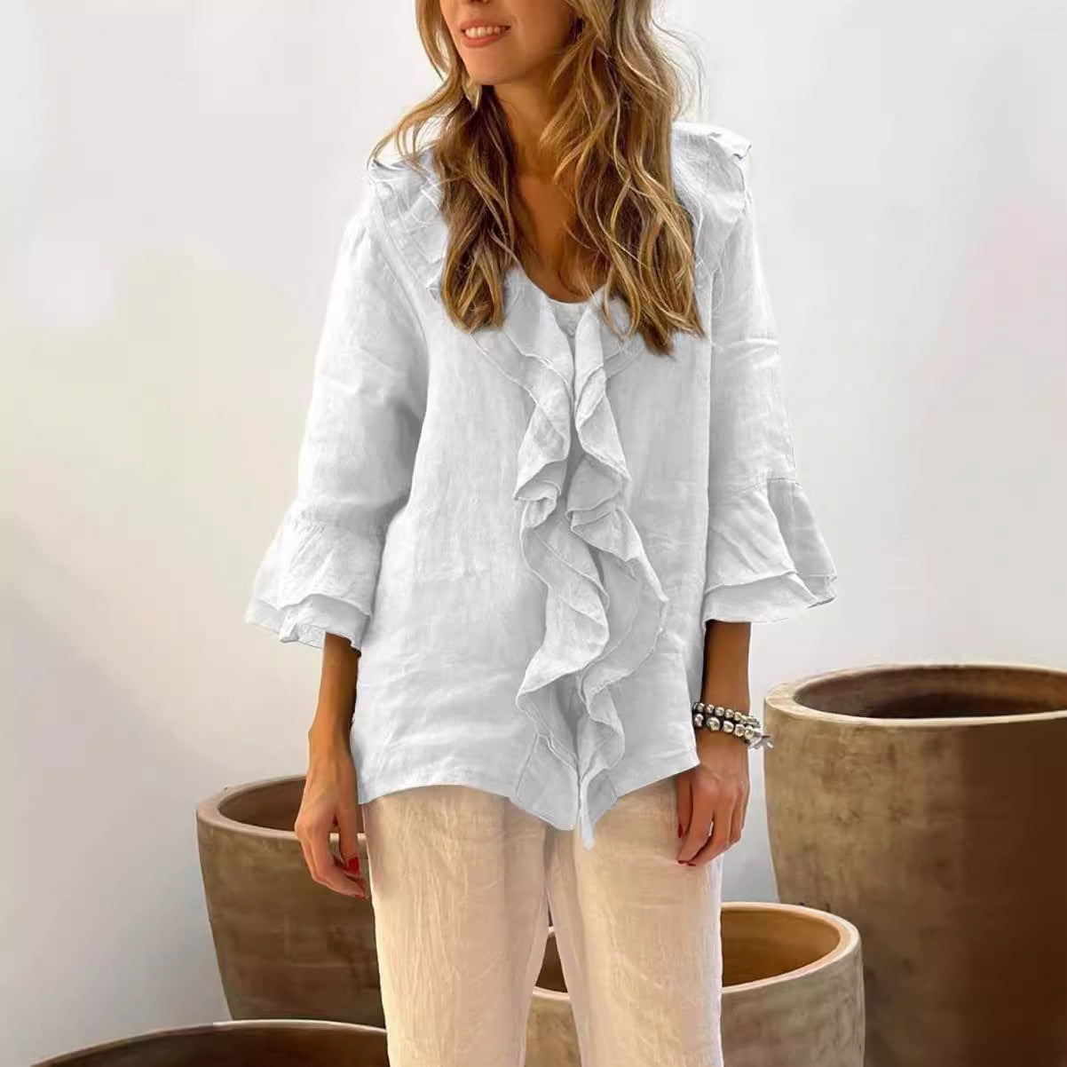 Ruffled cotton linen blouse for women -3
