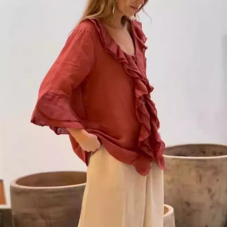Ruffled cotton linen blouse for women -5