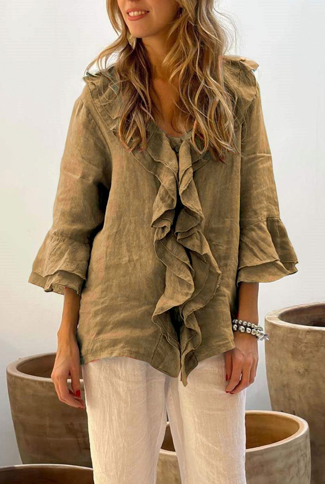 Ruffled cotton linen blouse for women -8