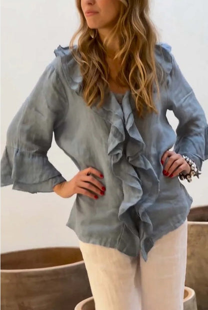 Ruffled cotton linen blouse for women -2