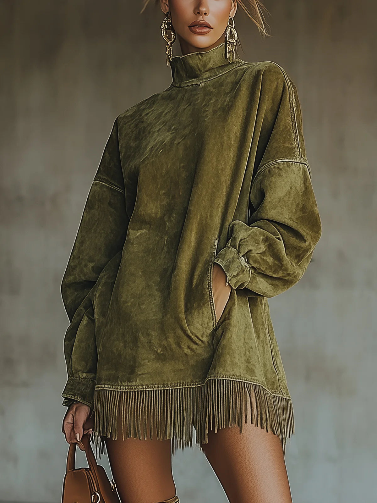 Faux suede fringe hem turtleneck jumper for women | Marlowe -1