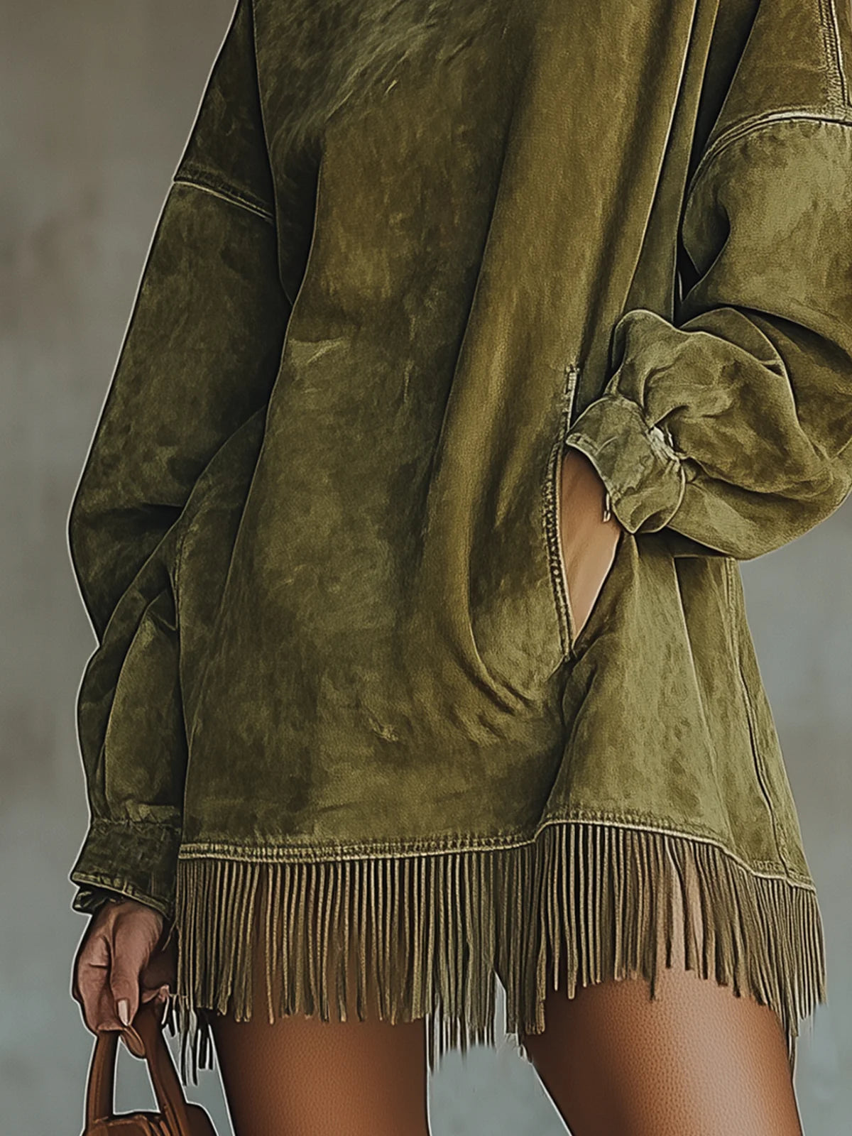 Faux suede fringe hem turtleneck jumper for women | Marlowe -5