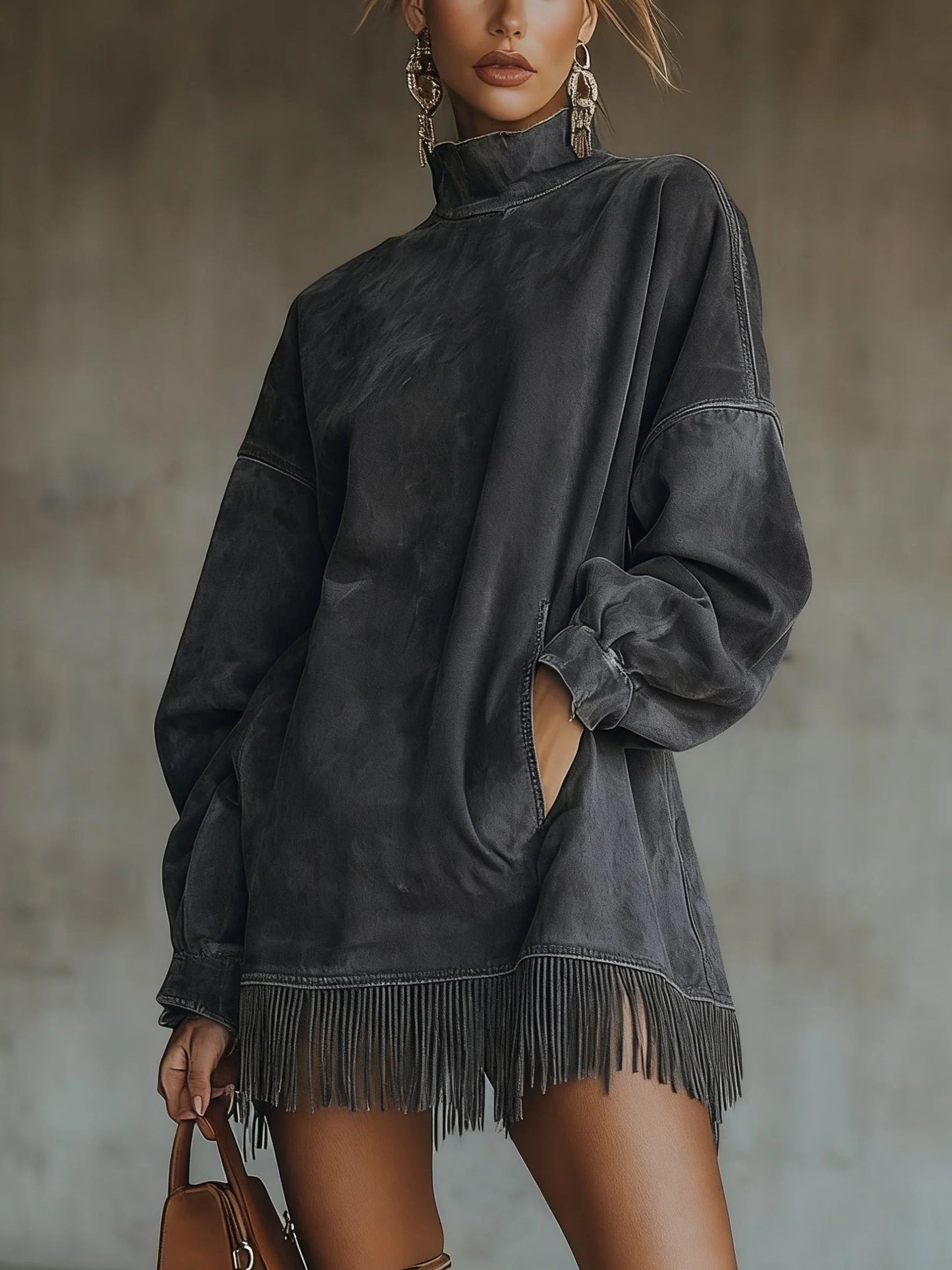 Faux suede fringe hem turtleneck jumper for women | Marlowe -3