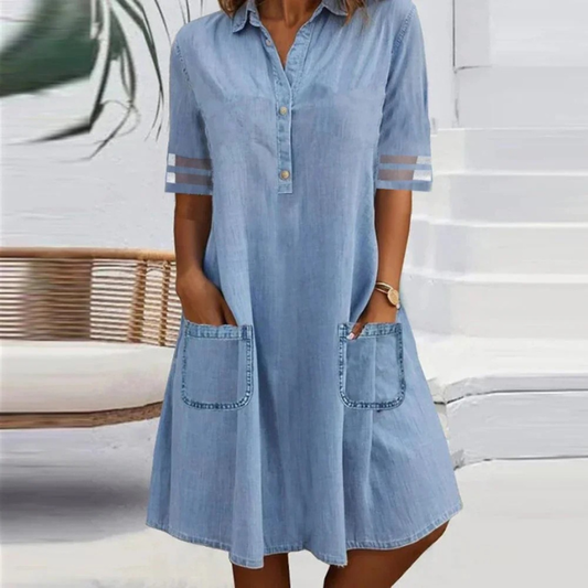 Casual dress with button neckline and front pockets for women | Ruby