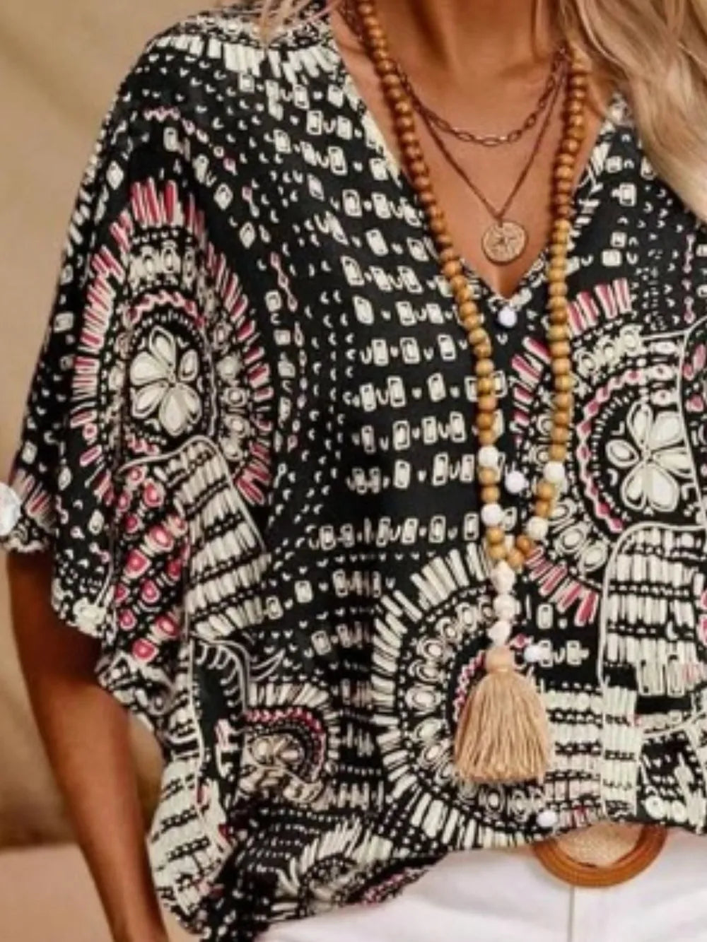 Boho printed V-neck blouse for women -7