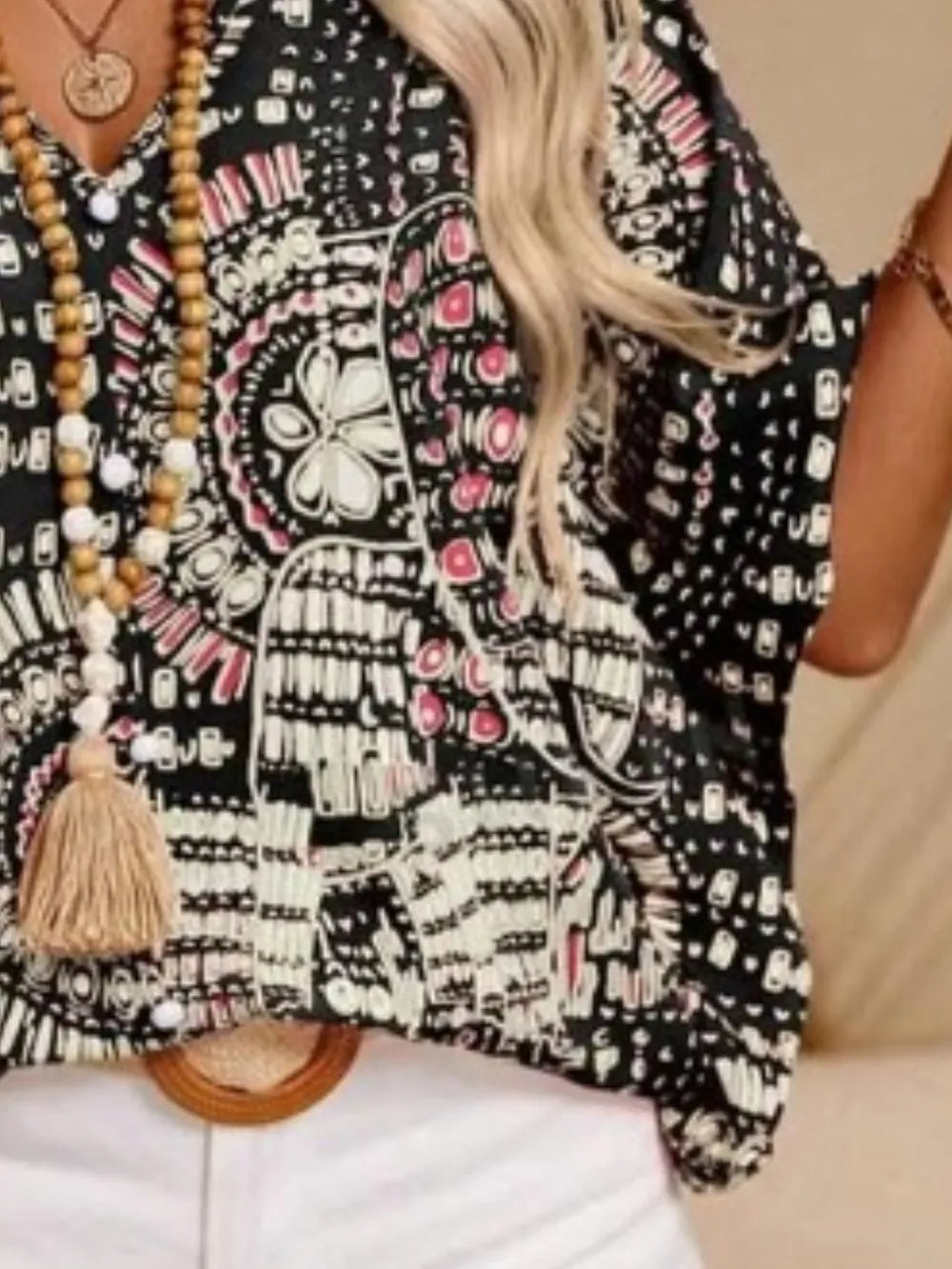 Boho printed V-neck blouse for women -8
