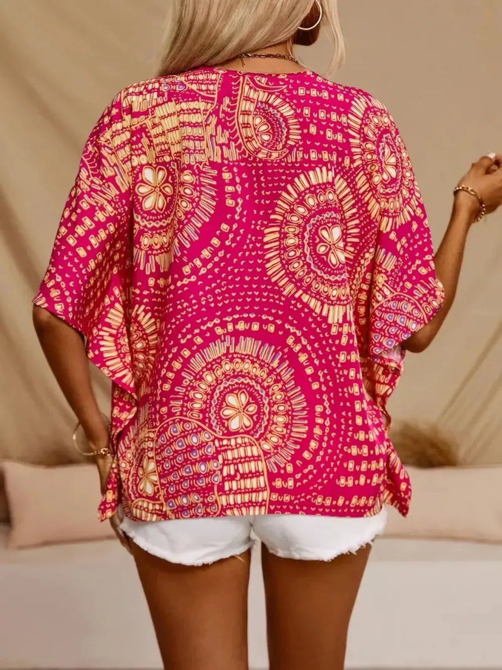 Boho printed V-neck blouse for women -3