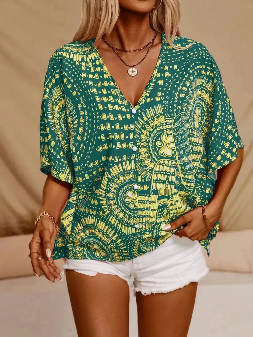 Boho printed V-neck blouse for women -11