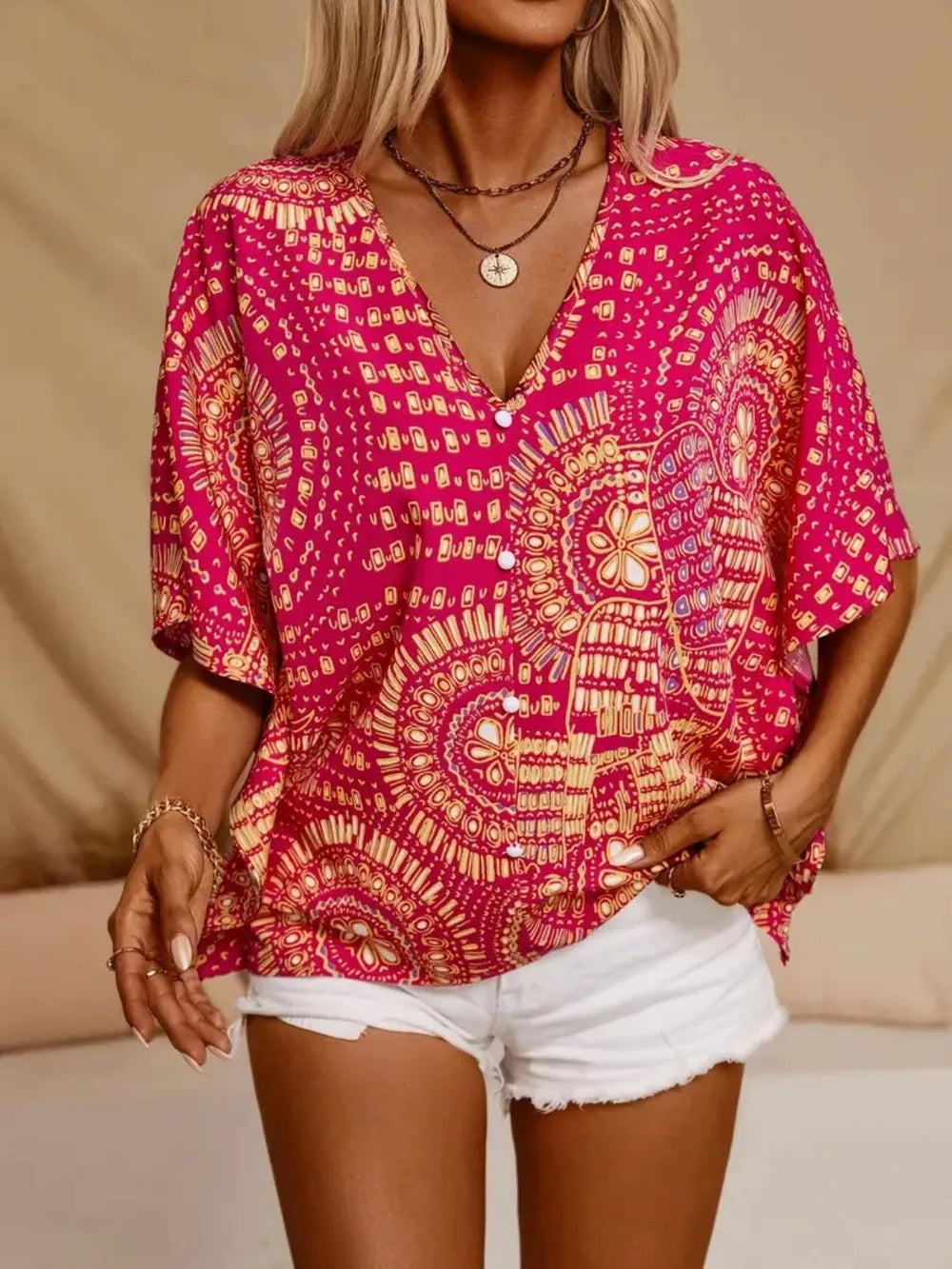 Boho printed V-neck blouse for women -5