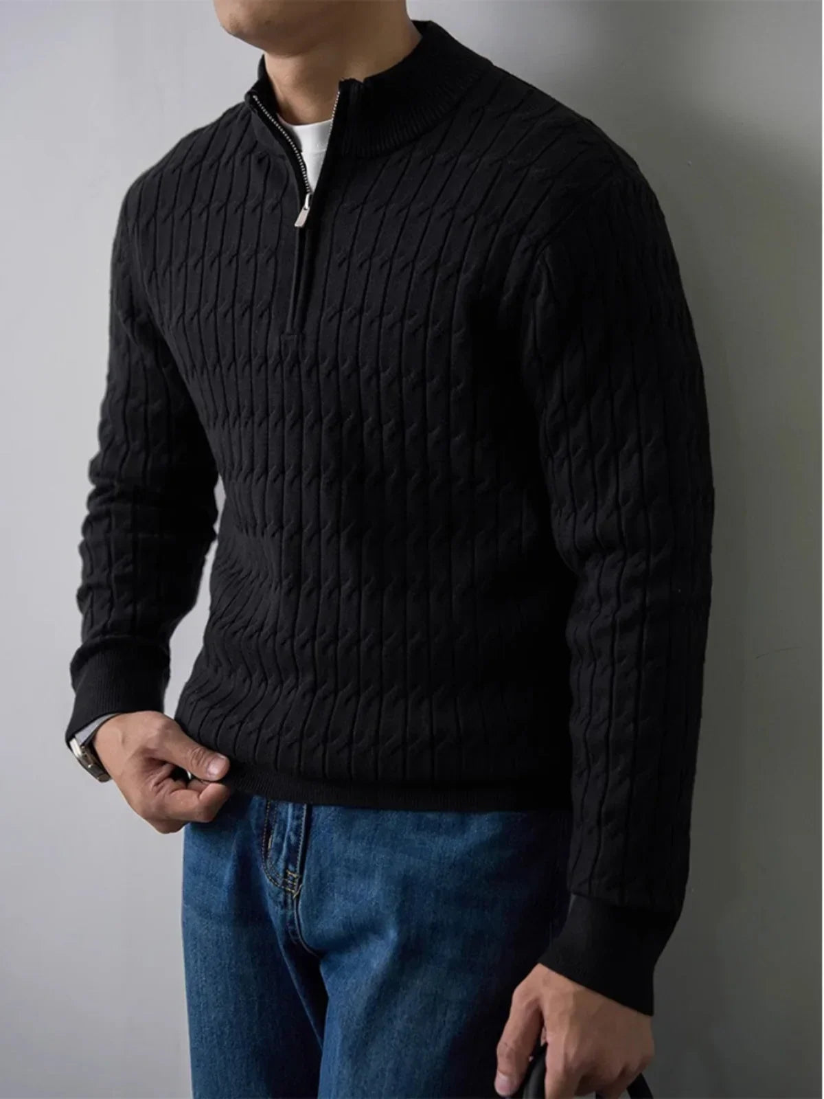 Classic cable-knit half-zip everyday jumper for men | Ellison -3