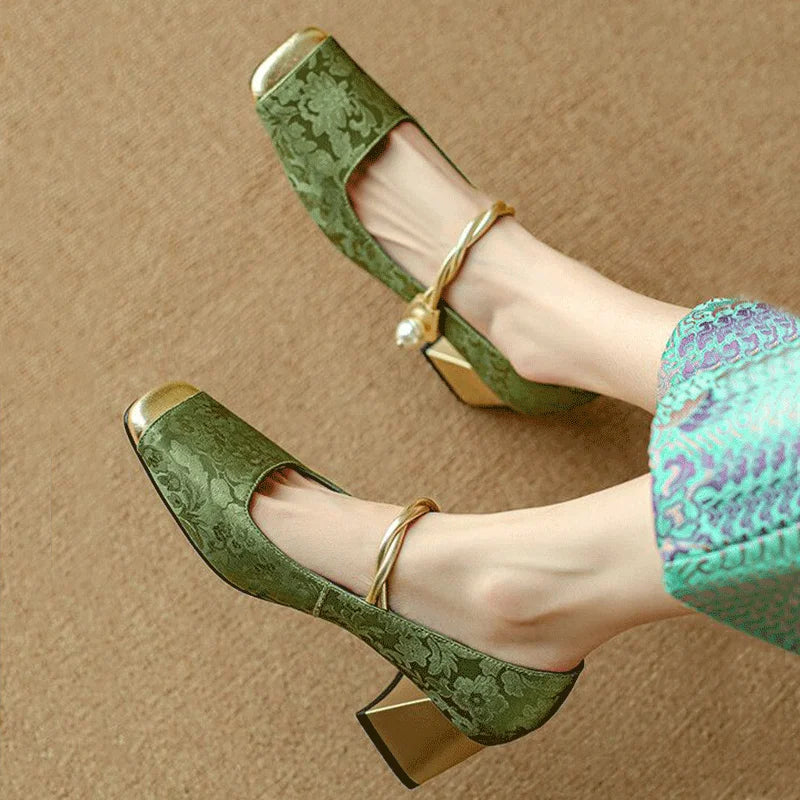 Casvian floral embossed square toe heels for women | Amara -10
