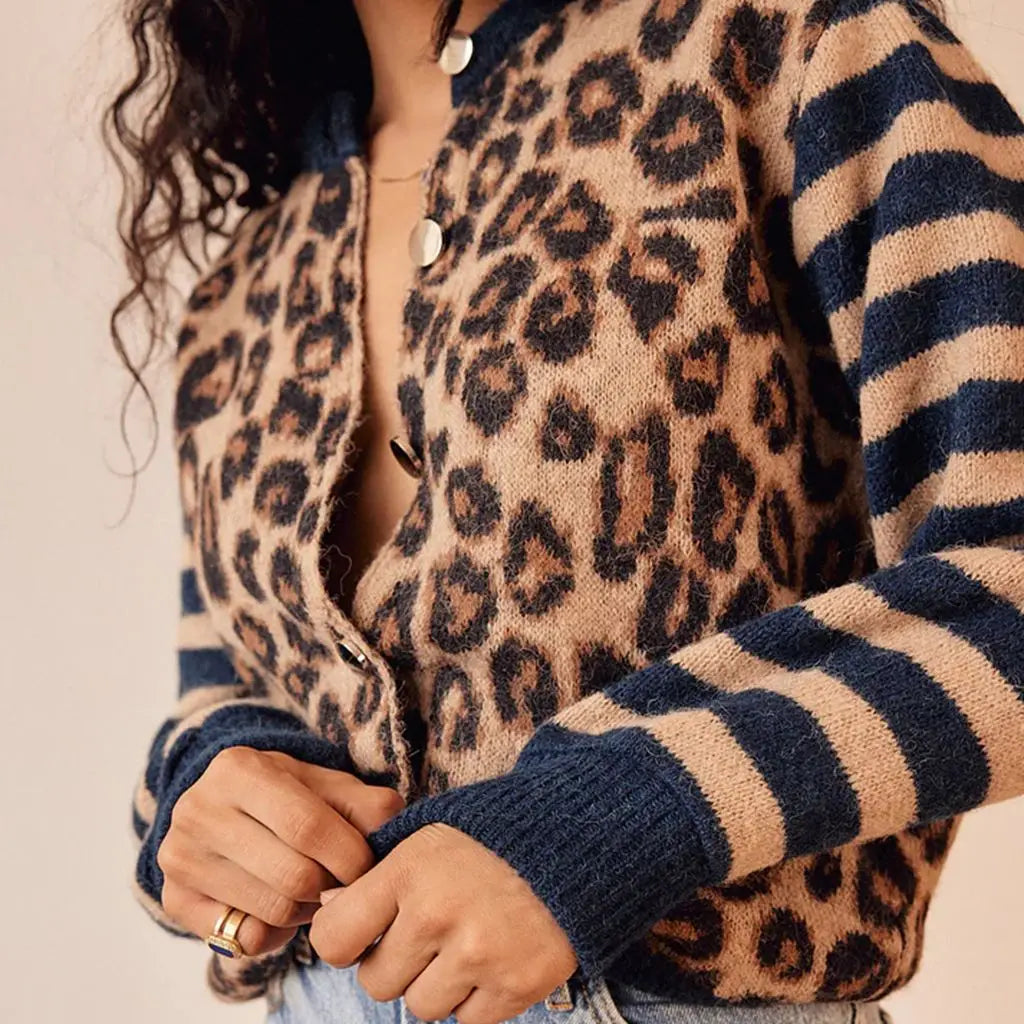 Leopard print button front cardigan for women | Serena -4