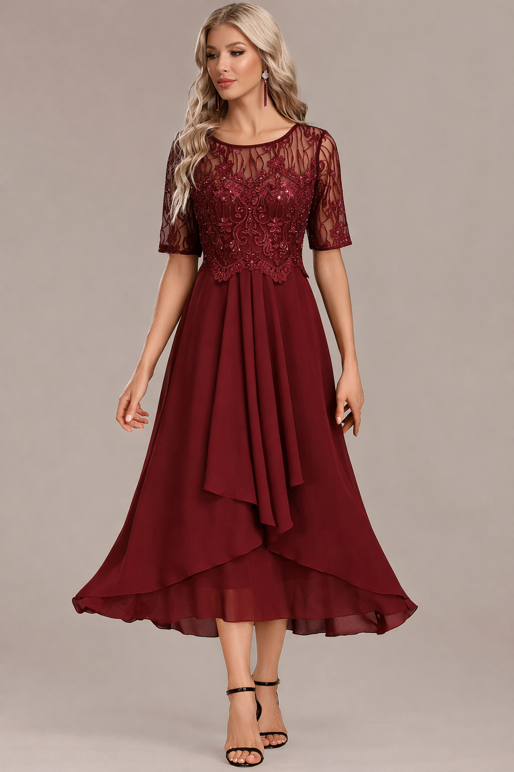 Navy lace short sleeve midi dress for women | Sophie