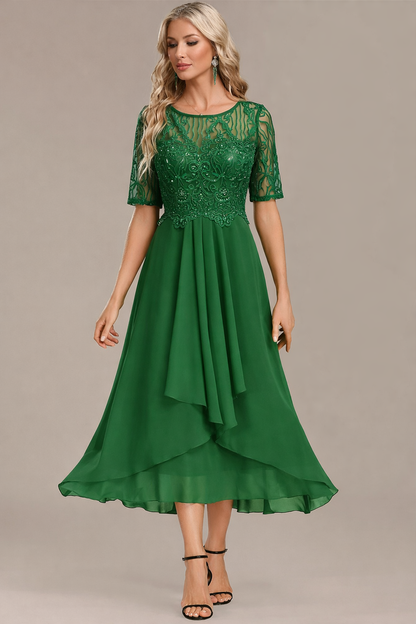 Navy lace short sleeve midi dress for women | Sophie