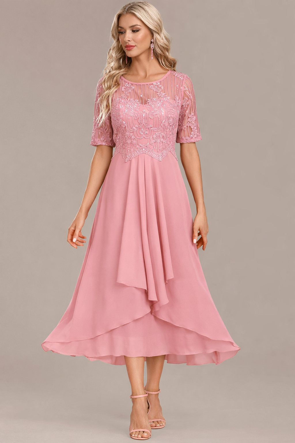 Navy lace short sleeve midi dress for women | Sophie