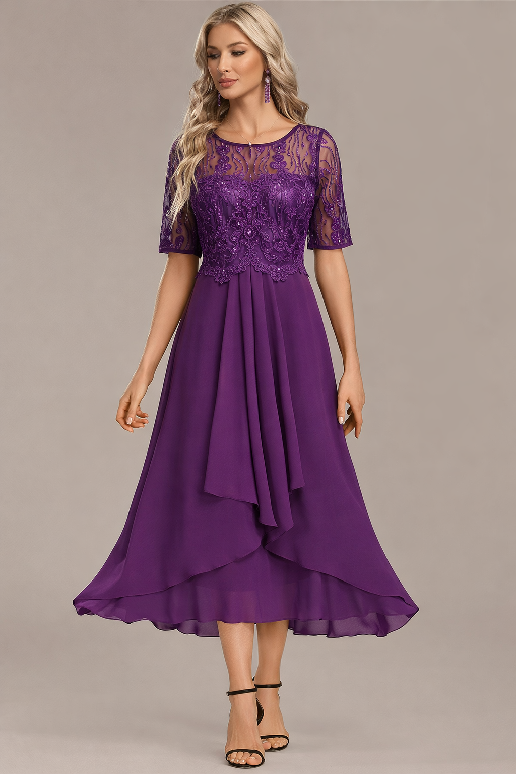Navy lace short sleeve midi dress for women | Sophie