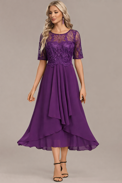 Navy lace short sleeve midi dress for women | Sophie