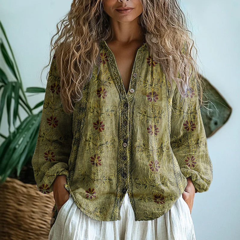Vintage leaf print blouse for women | Chic -3