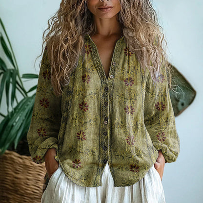 Vintage leaf print blouse for women | Chic -3