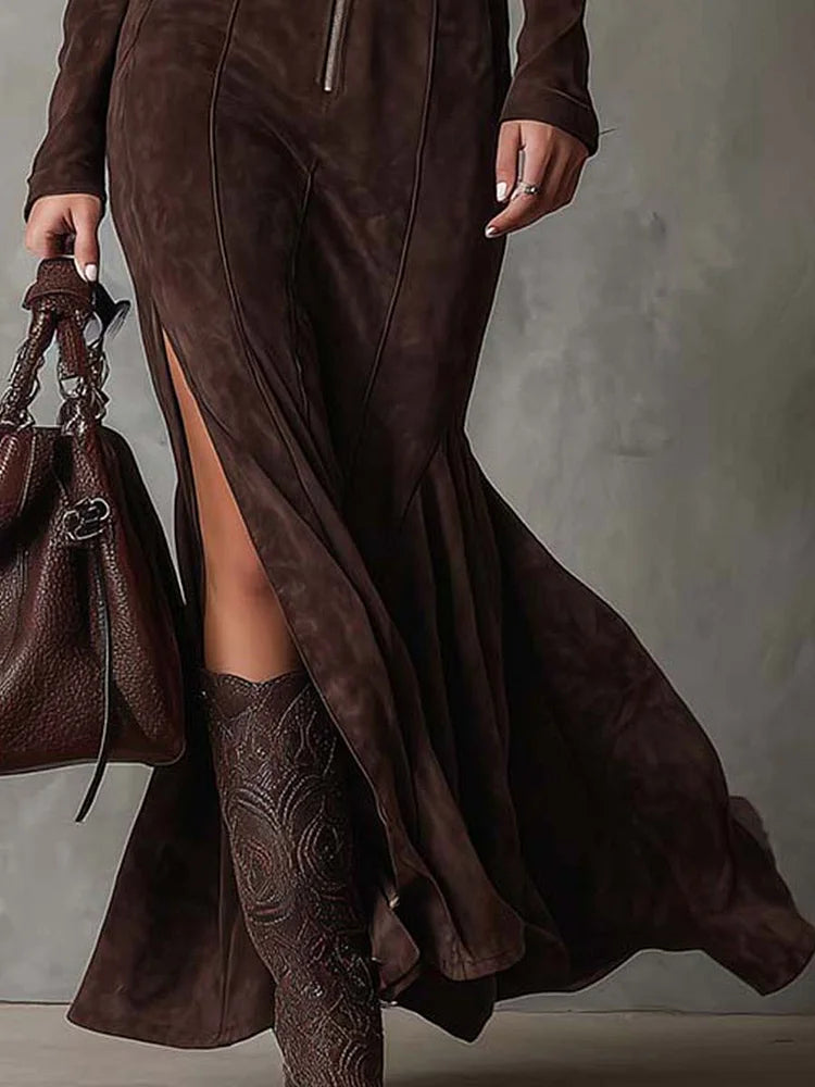 Brown zippered belted maxi dress for women | Seraphine -6