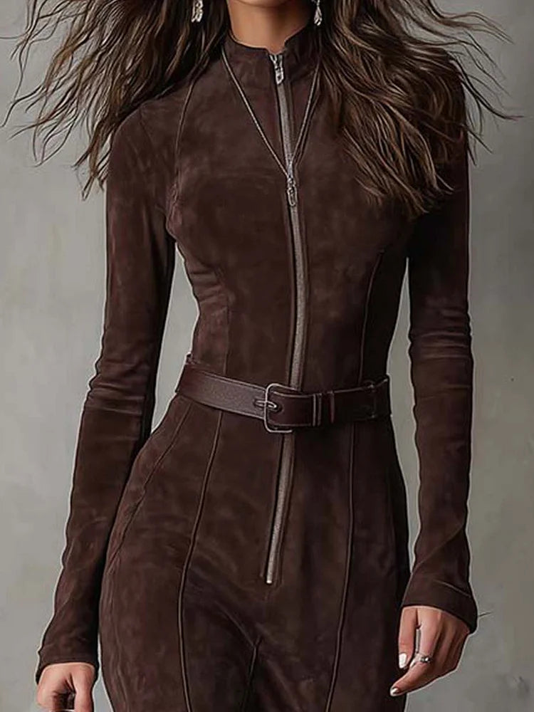 Brown zippered belted maxi dress for women | Seraphine -5