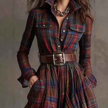 Vintage plaid long maxi shirt for women | Aurora -4