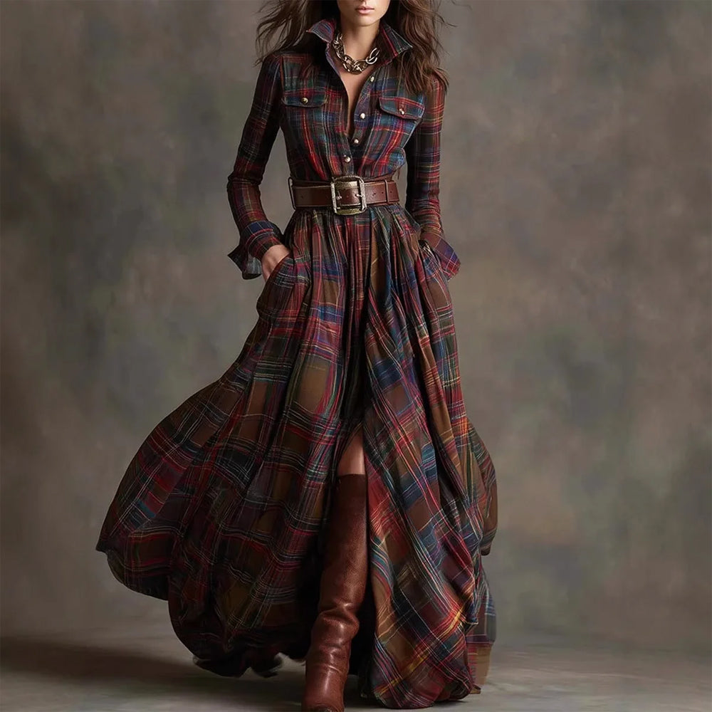 Vintage plaid long maxi shirt for women | Aurora -1