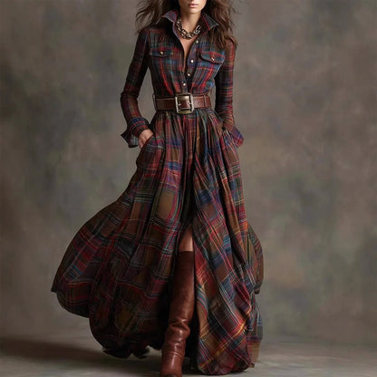 Vintage plaid long maxi shirt for women | Aurora -1